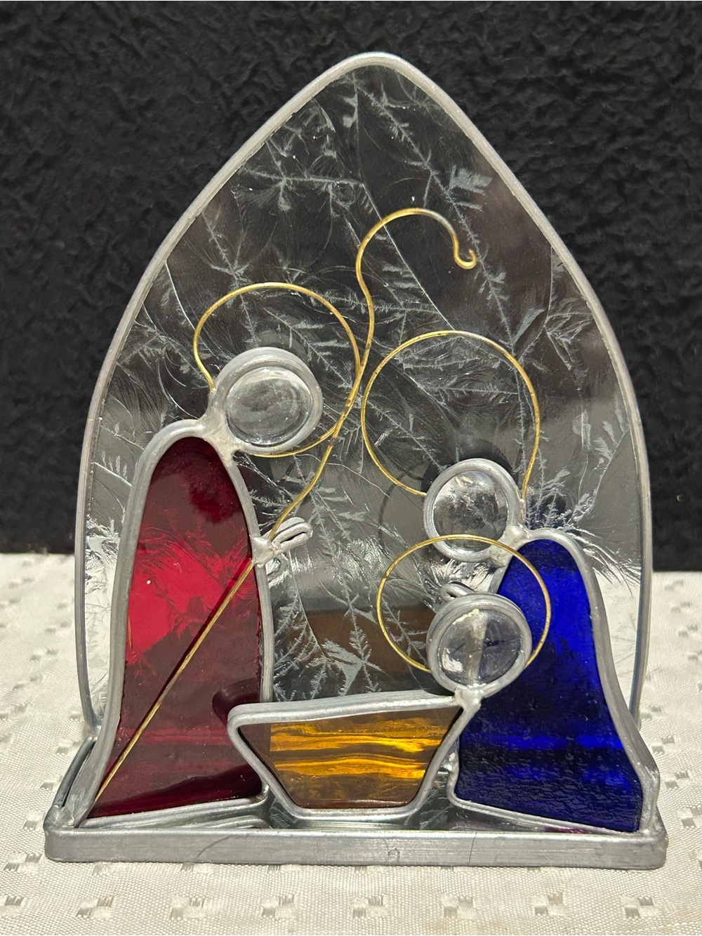 Leaded Stained Glass Nativity Scene Holy Family Christmas Candle Holder Vintage